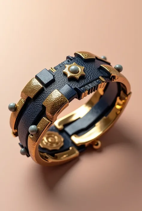 A close-up of a high-end, gold-toned, and dark-navy-blue wristwatch or bracelet. 


The design is futuristic and elaborate, with a segmented, mechanical aesthetic. 


The bracelets exterior is composed of sculpted, interlocking sections in gold tone metal,...