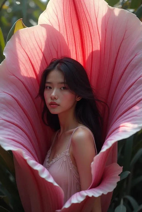 Beautiful young Indonesian woman wearing a transparent dress and inside a large orchid flower 