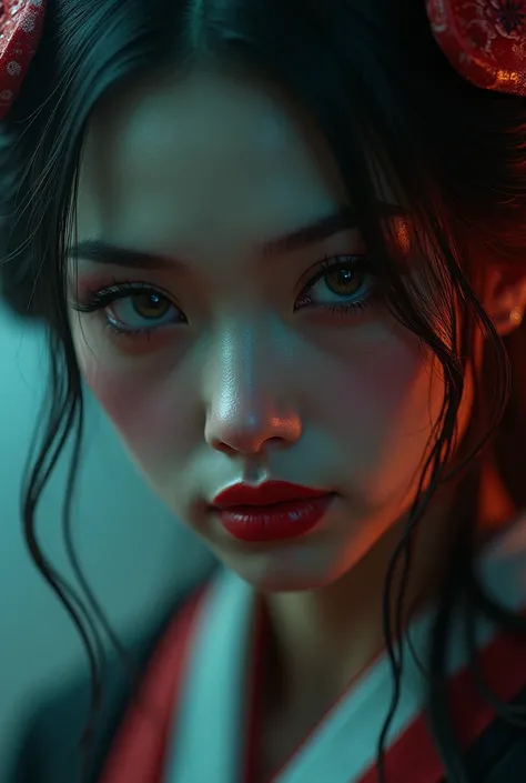 beautiful detailed eyes, beautiful detailed lips, extremely detailed eyes and face, long eyelashes, 1 girl, threatening geisha, scary geisha, effrayant geisha, sexy geisha warrior, digital painting, japanese art, art station, dark fantasy, dramatic lightin...