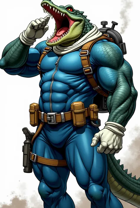 (A rugged beefy very muscular bulky snarling crocodile man), (wearing blue fullbody zipper wetsuit), salute pose, wearing harness, wearing bulky scuba gear, wearing white hero scarf, muscular physique, toned muscles, fierce, heroic, action, comic artstyle,...