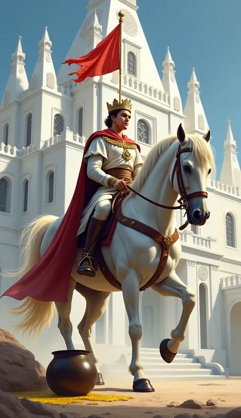 A young king, riding a white horse, in front of a magnificent white palace, with a red flag attached to the roof of the palace by a wooden pole, whose horse kicked a cauldron on the fire and overturned, and yellow porridge spilled out of the cauldron.