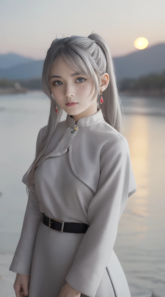 (highest quality images, masterpiece),  detailed landscape ,((( gray hair))), Detailed beautiful green eyes , Detailed five fingers , Quiet湖 ( vivid sunset sky reflecting {x}),Subtle differences in color,Quiet, Freezing,  1 girl,  long hair,  holding a sta...