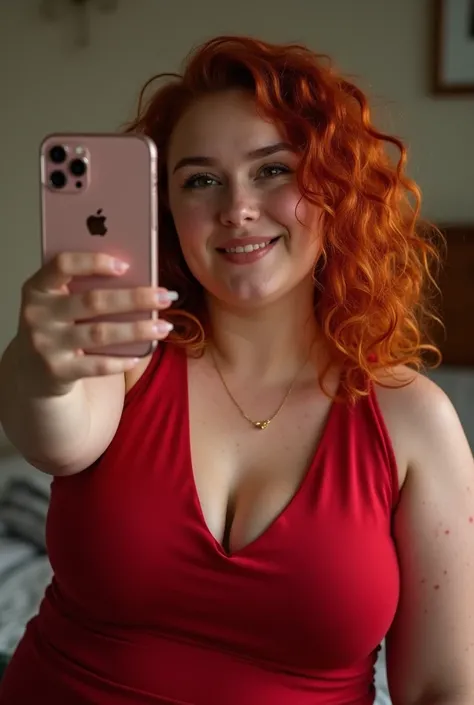  French 19 years old ,chubby, fat,  redhead, tache de  redheadur, rote top,  takes a photo with his iPhone 15, Selfie, in ihrem Zimmer, Fine ,  curly hair, sexy. Fat and chubby 