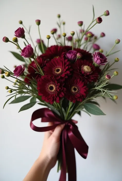 A simple yet elegant bouquet featuring a mix of black and maroon flowers, beautifully tied with a maroon ribbon. The flowers are arranged naturally, giving the bouquet a charming, handmade look. The focus is on creating a personal, cozy vibe, perfect for s...