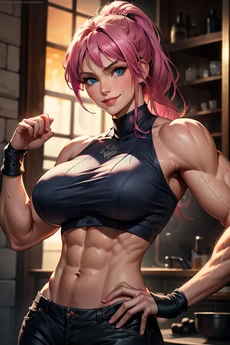 1girl, Blue eyes, Ponytail, defined bulging muscles, big boobs, perfect beautiful face , confident smile , Accurate, High Details, Pink Hair, Long Hair, sweet seductive romantic look, abs, buff biceps flexing pose, underboobs , bare shoulders , 