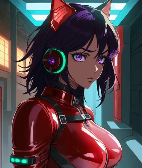 1girl, beautiful anime fighter girl, red and black leather catsuit, dark green shoulder pads, cool ace pilot with mesmerizing detailed purple eyes, detailed purple hair, highly detailed, intricate, 8k, HDR, dramatic colors, vivid, character design