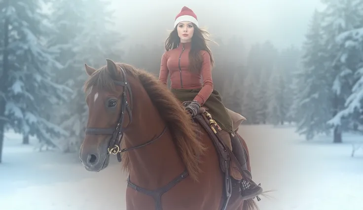 (photorealism:1.2), beautiful white woman with brown hair, firm breasts, 
 Santa hat, riding a horse
winterland 