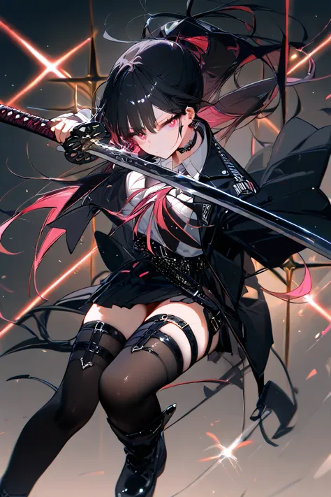 1girl, sword, weapon, solo, holding, holding_sword, black_hair, katana, holding_weapon, thighhighs, long_hair, sheath, ponytail, shirt, looking_at_viewer, jacket, skirt, white_shirt, thigh_strap, black_jacket, choker, glint, earrings, bangs, black_skirt, b...