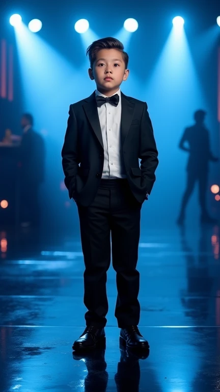 "Create an image of a young boy, about , wearing a smart black suit and white shirt, standing confidently on a reflective stage. The background is lit with vibrant blue lights and blurry silhouettes, creating a dramatic and professional atmosphere. The boy...