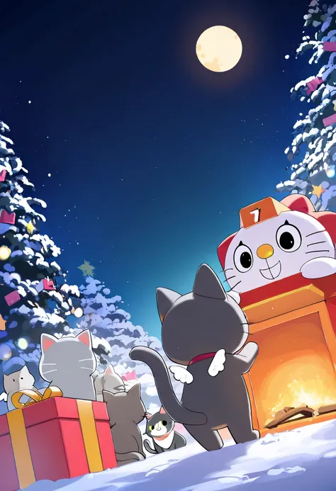 score_9,score_8_up,score_7_up,rating_safety,source_manga,masterpiece,best quality,hyper detailed,super fine illustration,8k,side angle,BREAK stand alone,(no human character:1.2),(stuffed grey cat,mascot:1.4),angel wings,standing,BREAK Xmas,snow,present,moo...