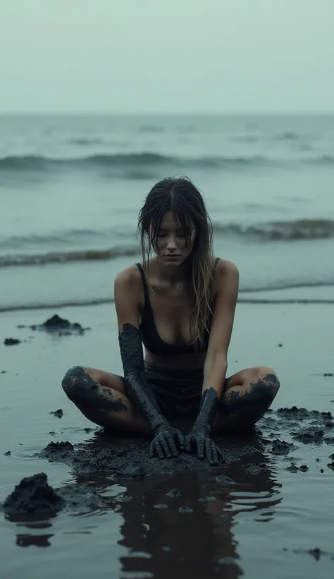 girl on the beach, stained with black tar, sad woman, in places stained with black tar, sitting on the seashore, pollution of the sea and beach with black tar, naked body in black tar

