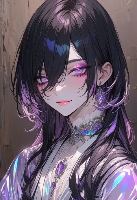  One Beautiful Boy , long hair,Neutral, slender,Big butt ,Beautiful,Bangs that hide the left eye, black hair,Hairstyle with steps , purple eyes,Jewel Eyes,Iridescent iris,絶世のBeautiful,Big Saggy Eyes , Japanese,Baby Face, wolf cut hair, Mine Style Makeup , ...