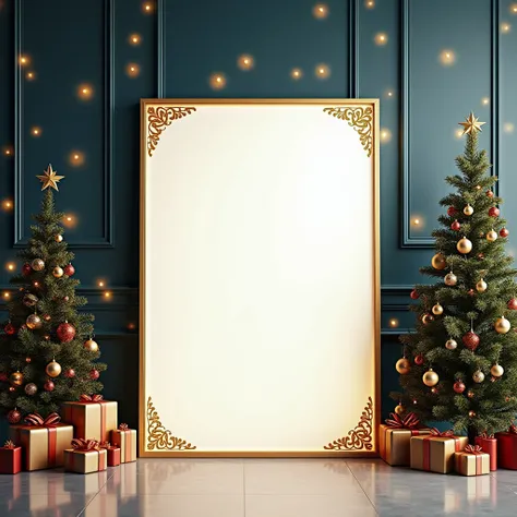  Christmas decorations on the left of the image and a Christmas tree on the right side in gold details,  in the center of the image a white panel with borders with Christmas details in gold , the background of the dark blue and gold image and the floor ref...