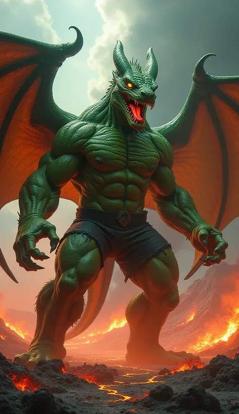 "A terrifying hybrid entity combining the raw power of the Hulk with the majestic menace of a dragon. The creature has a muscular, hulking frame with green-scaled skin, massive wings, and glowing, reptilian eyes. Its dragon-like head emits a fiery glow, an...