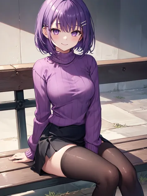  1 girl, solo, Purple Hair,  bob hair, Beautiful breasts, medium breasts,Purple Sweater, Black Mini Skirt,tights,hair clip,Slanted Eyes, Light purple eyes, close your mouth, smiles, seductive smile ,  happy/joy, Sitting on bench, high res,  simple backgrou...