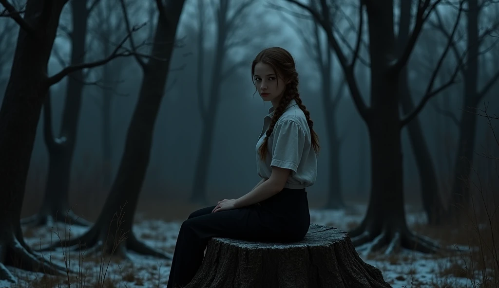 Russian woman with a brown braid in a modern short-sleeved blouse and skirt sits on a stump in a dark night winter forest, night around her, no moon, high realism