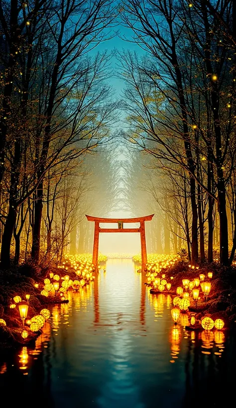  the national lantern of yellow springs floating on the lake 、 a forest with lanterns and lights 、白い提灯と赤いアクセントのあるtree々、There is a torii gate in the center 、tree々 and light rays shining in from the forest ,  so you can see the sky a little bit 

