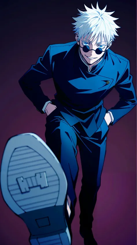solo,1boy(satoru gojo((jujutsu kaisen:1.3),movie,student),18 years old,(white long eyelash:1.2),(bangs), black (high-school uniform:1.2),beautiful eyes,black shose,(long hair:0.5),white hair,circle-sunglasses,full body,hands in pocket,smirk, shiny glowing ...
