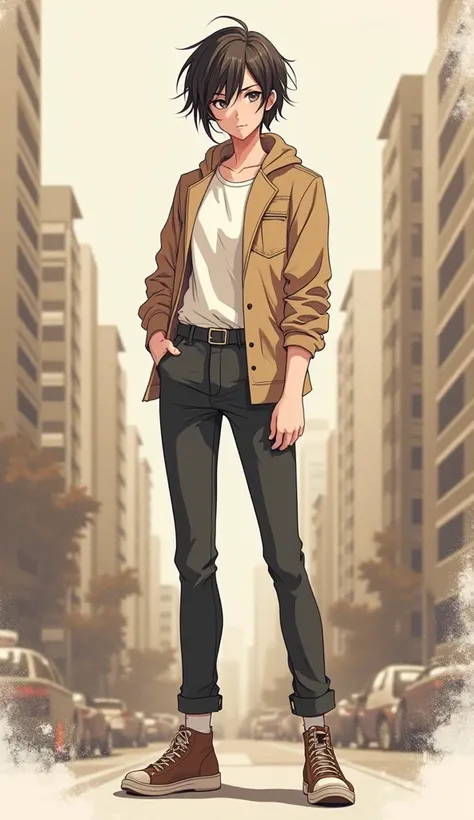 "Create an anime-style character illustration with a modern, casual outfit. The character should have tousled hair, a confident pose, and a relaxed demeanor. Use a soft monochromatic color scheme with a focus on beige, brown, or sepia tones. Include a deta...