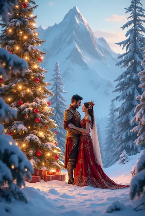 A snowy Scene, Decorated with Christmas tree, Lights and cozy scene, A couple with beautiful Costumes of Shaiya