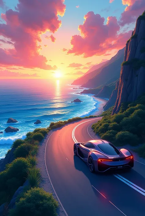 An anime-style scene of a winding road along the seaside, with crystal-clear blue waters crashing against the shore. The road is bordered by lush greenery and towering cliffs, with the sun setting in the background, casting a warm golden hue over the lands...