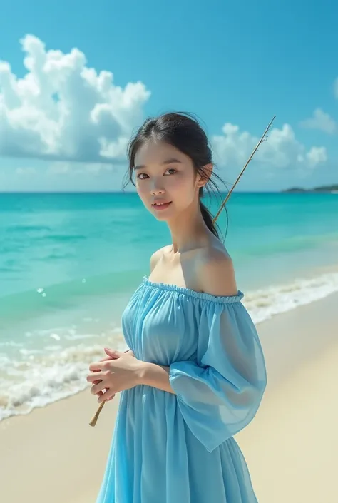 Highly realistic 8k photos, She is holding a fishing rod on the beach ,  Asian woman in a blue dress,  cute woman ,  looks fascinated at the camera , 