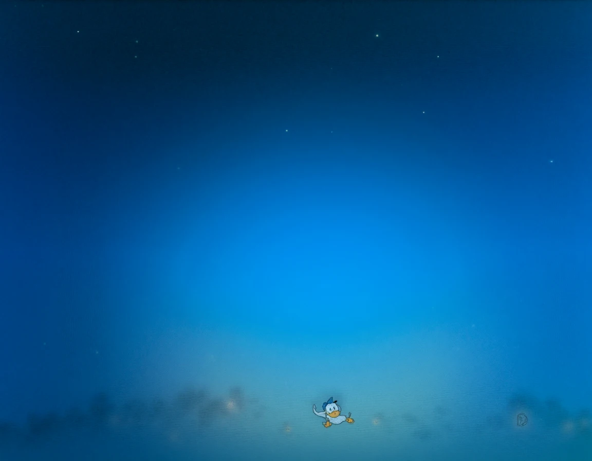 pato donald, 4K,  cartoon,  sitting under a tree , at night, with a sad face, Looking at the stars