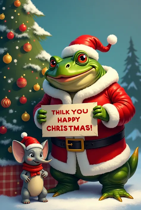 A muscular toad disguised as Santa Claus holding a sign that reads: Merry Christmas Rose and on the side a happy elephant and a fox wearing Christmas hats and scarves next to a Christmas tree