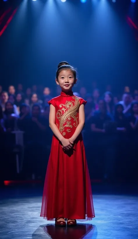 "A young Chinese girl stands confidently on the stage of Americas Got Talent, wearing an elegant traditional red qipao dress with intricate golden embroidery. Her poised stance and serene expression exude grace and charm. The stage features a glowing blue ...