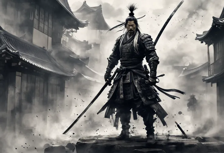 Black and white painting,Ink painting, splash, mamba hair,suicide by disembowelment,Create a surreal and cool image using Miyamoto Musashi&#39;s two-sword technique (Katana and Wakizashi).  Musashi takes a dynamic combat posture , Showing off Niten Ichiryu...