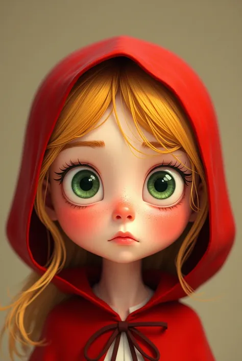 Pretty girl, animation, Little Red Riding Hood , skin white, Red face , Im ashamed , Green eyes , hair yellow, 2D