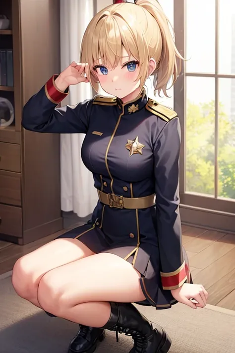  girl 、Blonde、 ponytail、 military uniform、 miniskirt、 boots