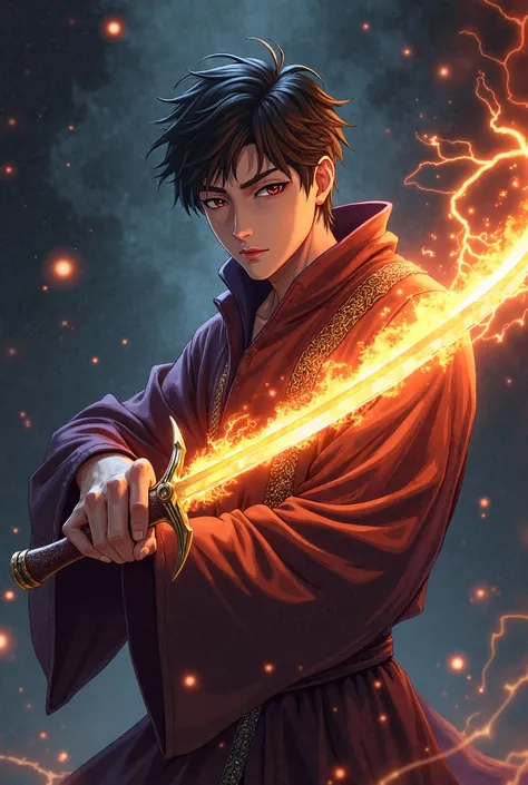 Male anime character in misterious robe with calm sight bring fiery dagger at two hands with thunder power