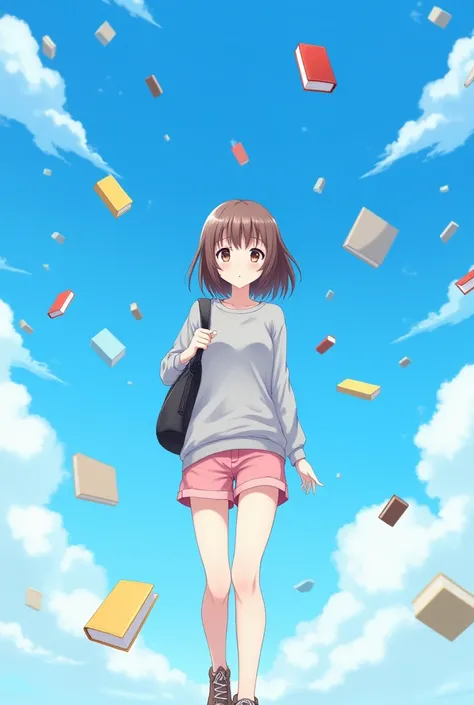 Setting: A vibrant blue sky, dotted with fluffy white clouds, sets a cheerful and whimsical backdrop. Character: Our anime girl stands out against the sky, her warm brown eyes sparkling with mischief. Her shoulder-length brown hair is gently ruffled by a g...