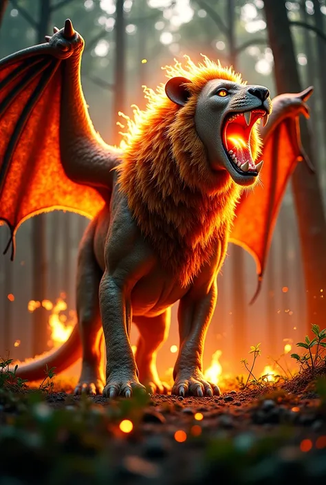 A cinematic, ultra-realistic hybrid creature combining the majestic form of a lion and the terrifying features of a fire-breathing dragon, standing in a dense, ancient forest. The creature has the muscular body of a lion, covered in shimmering scales inste...