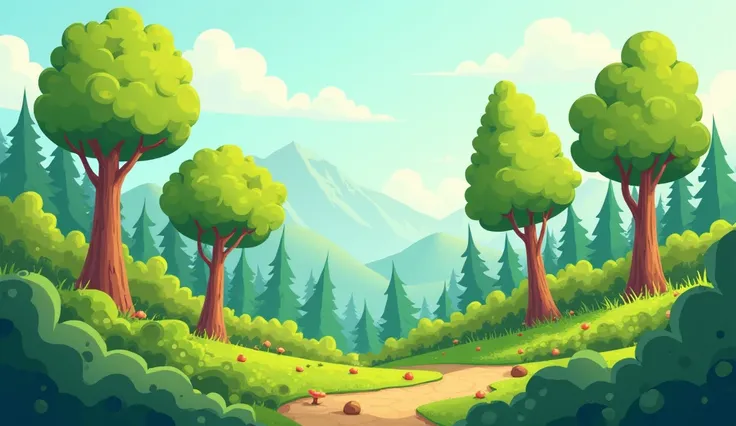 Simple cartoon background images of a forest with lot of trees and bushes