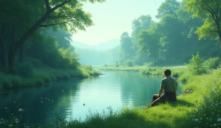 6.	 A calm river surrounded by lush vegetation, with a figure resting on its bank 