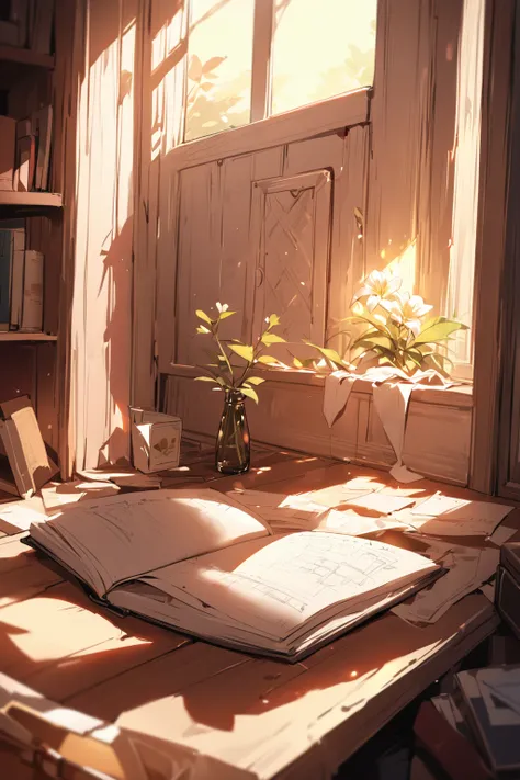 A single flower glowing softly emerges from the pages of an old sketchbook, The room is dimly lit, but the flowers light brings warmth and hope,highly detailed, top quality , masterpiece 