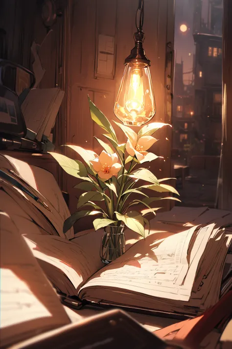 A single flower glowing softly emerges from the pages of an old sketchbook, The room is dimly lit, but the flowers light brings warmth and hope,highly detailed, top quality , masterpiece 