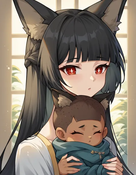 score_9, score_8_up, score_7_up, source_anime, miyabihoshimi, miyabi hoshimi ,animal ear fluff, animal ears, black hair, bright pupils, fox ears, fox girl, half updo, long hair, red eyes, sidelocks, white pupils,,large breasts
BREAK mother and baby, small ...