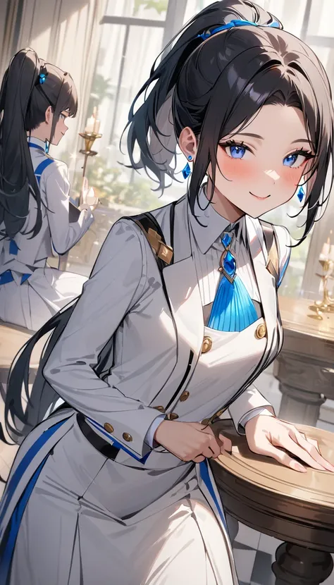 highest quality、masterpiece, 1 girl, black hair, pony tail, blue eyes, magic academy uniform, smile, elegant, beautiful, blue jewel earrings, 