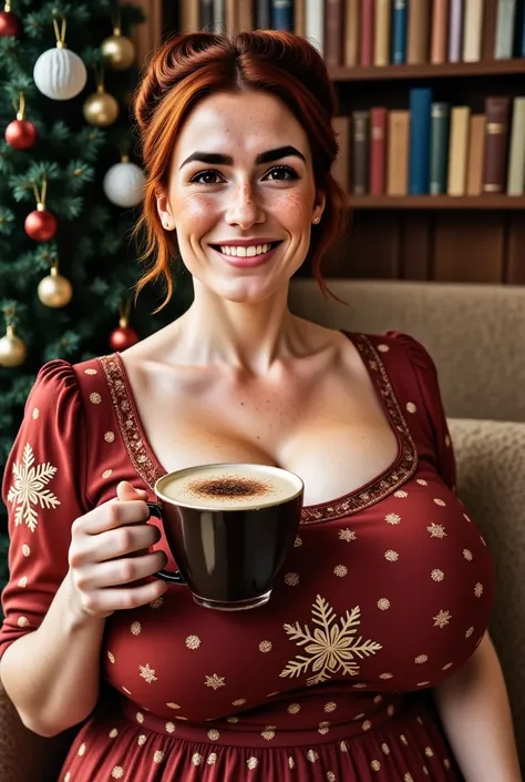 photorealistic high-angle picture ,  a beautiful British woman is hanging out in a Christmas decorated living room. She has brown eyes, downturned eye shape. light skin, freckles. reddish-brown hair updo. smiling. Buxom figure.  Red dress with print decora...