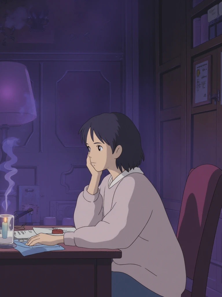  the girl is relaxing at her desk after taking a bath、 top quality 、LOFI風、Ghibli style、 The background is purple and 、 Mysterious Room 、The girl is burning 