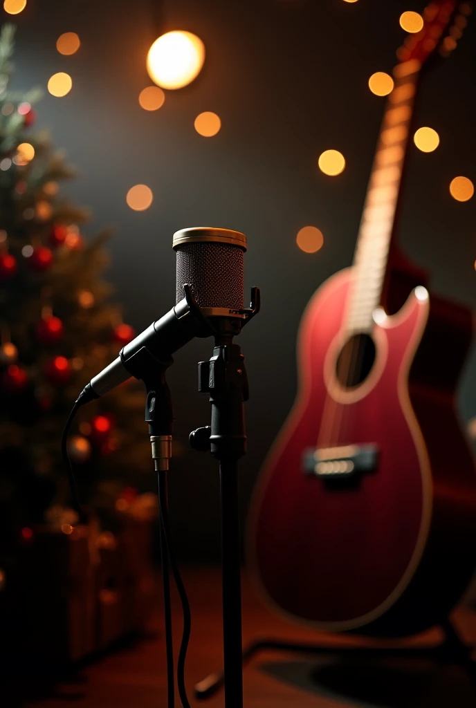 A cover for instagram story for live performance, elegant microphone guitar spotlight,  christmass