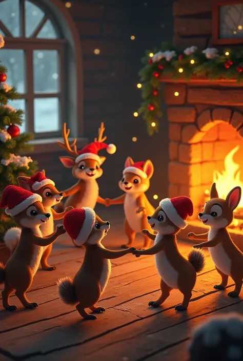 Make me forest animals dancing around the fireplace with Christmas hats