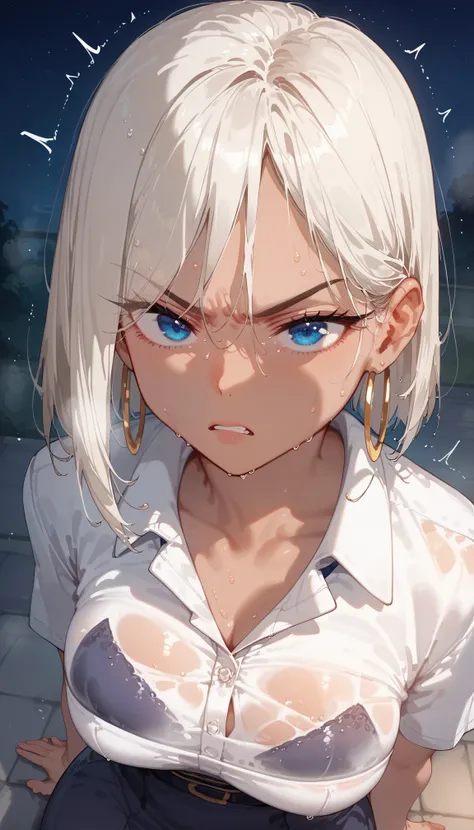 (masterpiece,  high resolution, 超 high resolution,  high detail,  high resolutionモデル,  top quality:1.2),  Platinum Blonde, Wet hair,  hair falling behind the ear ,  straight hair with a short chin line , asymmetrical style ,  bangs flowing down in an obliq...