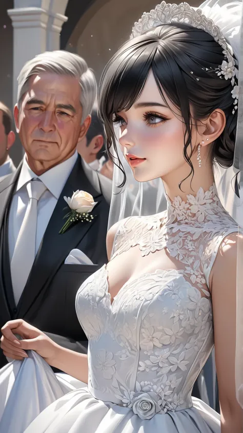    ultra-realism   ,   black hair,    The bride is wearing a colored dress at the wedding