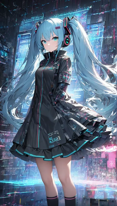  skirt flip、The girl lifted the skirt with her own hands:1.3、Stripes々 panties、 1 girl, Alone,  Hatsune Miku ,  Aqua Eyes,  light blue hair,  with bangs,  hair between eyebrows,  hair accessory as Kamui ,  headphones,  long hair,  twin tails,naked:1.3, Stro...