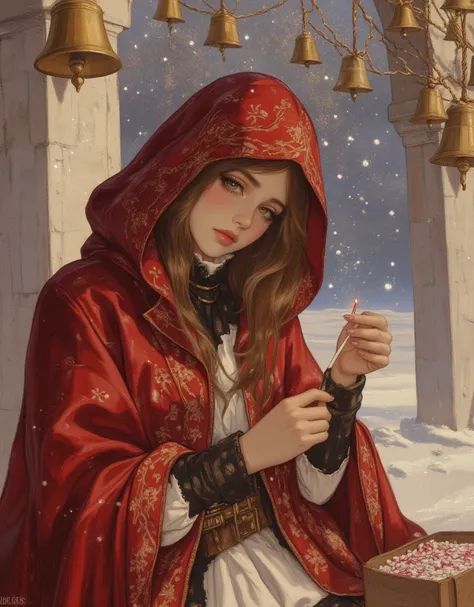 Beautiful girl in classic red Christmas hooded cloak for the holidays, The Little Match Girl, She was selling matches barefoot in the cold without any shoes on, The girl lit a match to try to get a little warmer. Background of a bell tower with hanging gol...