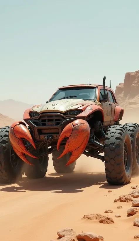 "A robust off-road vehicle with crab-like pincers on the front bumper and a hard, shell-like design. The wheels mimic crab legs for traction on sand and rugged terrain."